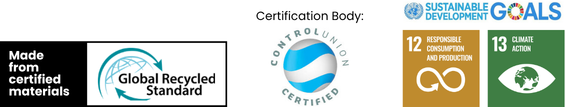 Made from certified materials: Global Recycled Standard. Certification body: Control Union Certified. UN Sustainable Development Goals 12 Responsible Consumption and Production and 13 Climate Action.